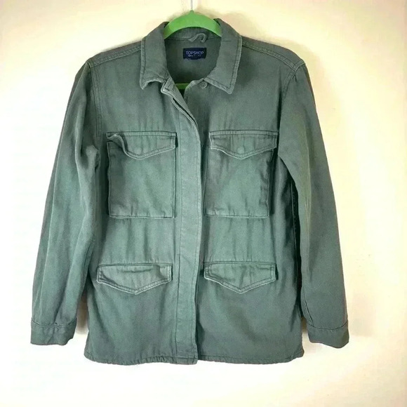 Topshop Green Military Safari 100% Cotton 4 Pocket Button Down Jacket Size 4 - Picture 2 of 16